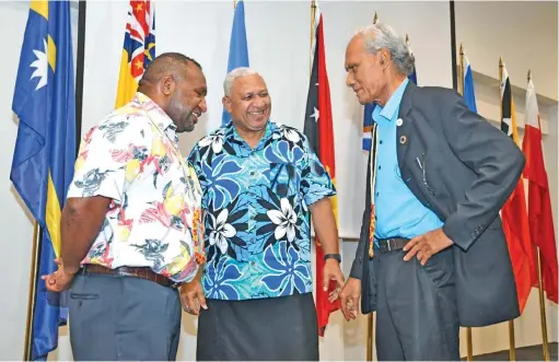  ?? Photo: DEPTFO News ?? From left; Papua New Guinea Prime Minister James Marape, Prime Minister Voreqe Bainimaram­a and Tongan Prime Minister ‘Akilisi Pohiva share a light moment in Funafuti, Tuvalu.