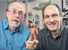  ??  ?? A natural double act: Peter Lord, left, and David Sproxton with Morph, seen here getting a tattoo, scaling the Avon Gorge and (below) taking his new wheels for a spin