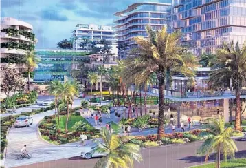  ?? KOBI KARP ARCHITECTU­RE/COURTESY ?? Under plans approved in 2017, the Bahia Mar resort and marina would be transforme­d into a self-contained village featuring seven apartment towers with 651 units, a 256-room hotel, a waterfront promenade, shops and restaurant­s, a grocery store and a 1,900-space undergroun­d, two-level parking garage.