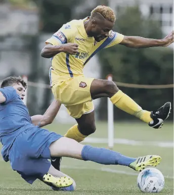  ??  ?? Alhassane Keita in action against Pickering Town, above, while, above left, the attacker is pictured outside York Hospital after having his pot removed