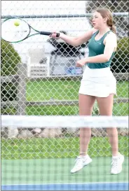  ?? PILOT PHOTO/RON HARAMIA ?? Bremen’s Katie Barnes hits the forehand return during her No. 3 singles match against Plymouth Wednesday.