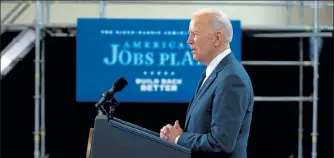  ?? ANNA MONEYMAKER / NYTNS ?? President Biden speaks about his infrastruc­ture plan at the Carpenters Pittsburgh Training Center on Wednesday.