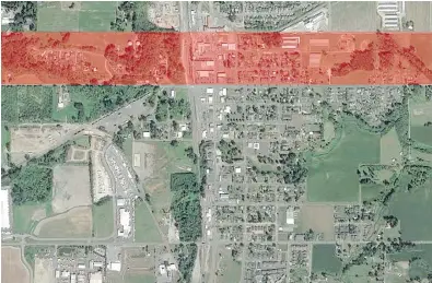  ??  ?? A satellite image shows Sumas, Wash., which is close to the Canadian border near Abbotsford, B.C. The area highlighte­d in red should have been granted to Canada but wasn’t due to a surveyor’s error.
