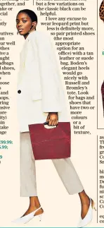  ??  ?? Main: Coat, £99.99; trousers, £35.99; bag, £49.99; shoes, £59.99 (mango.com) Ellie court, £62