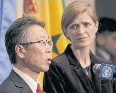  ?? REUTERS ?? Japanese ambassador to the UN Motohide Yoshikawa speaks to the press following the passing of tighter sanctions against North Korea on Wednesday.