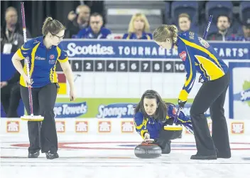  ?? BOB TYMCZYSZYN/STANDARD STAFF ?? Alberta skip Heather Nedohin delivers a stone during the Scotties Tournament of Hearts at Meridian Centre in downtown St. Catharines Thursday.