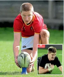  ?? PHOTOS: STUFF/PHOTOSPORT ?? Jordie Barrett lines up a shot at goal for Francis Douglas Memorial College in New Plymouth in a 2013 match.