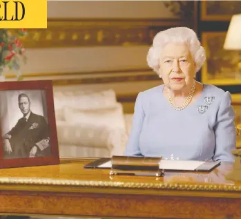  ?? BUCKINGHAM PALACE VIA GETTY IMAGES ?? Queen Elizabeth addresses the nation on the 75th anniversar­y of VE-DAY at Windsor Castle on Friday at 9 p.m., the exact time her father, King George VI, shown in a photo next to Her Majesty, addressed the country in 1945.