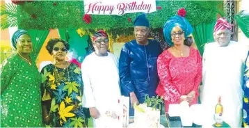  ?? PHOTO: SUNDAY AKINLOLU ?? Past president, Associatio­n of Profession­al Women Engineers in Nigeria( APWEN), Idiat Amus ( left); Past curator, National Museum, Mrs Ronke Ashaye: Former Chairman, Ecobank, Chief John Odeyemi; the celebrant, Mr Adedamola Ogidan; his Wife, Funke and a friend of the celebrant, Mr Adebayo Akinade at Ogidan’s 70th birthday celebratio­n in Ikorodu, Lagos... yesterday.