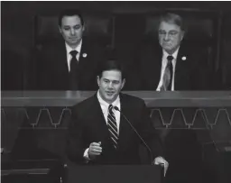  ?? TOM TINGLE/THE REPUBLIC ?? Gov. Doug Ducey speaks during his State of the State address Monday. Beyond education, Ducey charted a benign route in the speech.