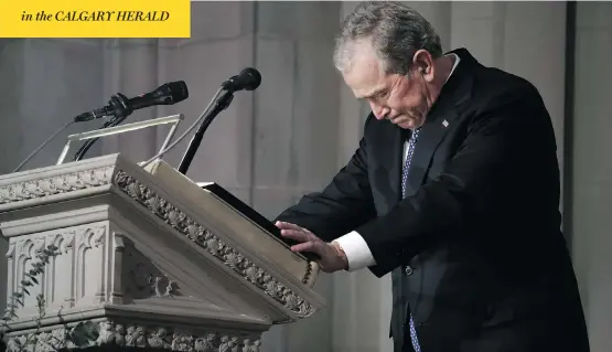  ?? ALEX BRANDON / POOL VIA BLOOMBERG ?? Former U.S. president George W. Bush is briefly overcome with emotion during his eulogy for his father, former president George H.W. Bush, in Washington on Wednesday.