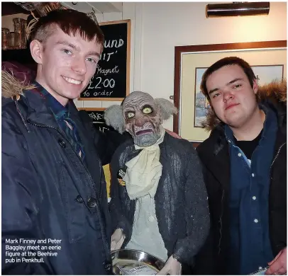  ?? ?? Mark Finney and Peter Baggley meet an eerie figure at the Beehive pub in Penkhull.