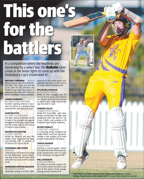  ?? Pictures: JOHN GASS/STEVE HOLLAND ?? Palm Beach Currumbin batsman Zane Beattie and Southport’s Devon Hamley (inset) make up the Underrated XI.