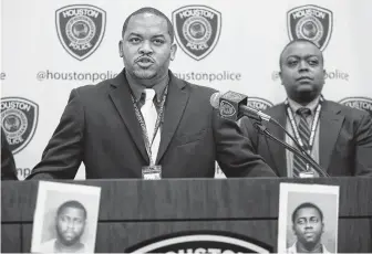  ?? Yi-Chin Lee / Staff photograph­er ?? Houston Police Department Sgt. Russell Gray answers questions regarding burglary and robbery suspect Derrick Mondell Rogers, 41, during a news conference on Tuesday.