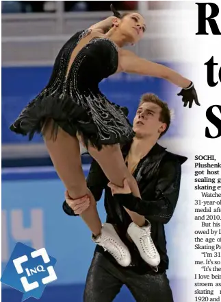  ?? AP ?? RUSSIANS Elena Ilinykh and Nikita Katsalapov vie in the team free ice dance figure skating competitio­n of the Winter Olympics.