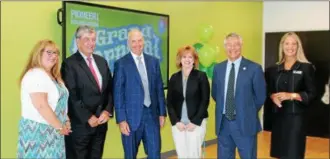  ?? PHOTO PROVIDED ?? From left: Mary Rozak, director of communicat­ions for Albany County Executive Dan McCoy; New York State Senator Neil Breslin; Pioneer Bank president and CEO Tom Amell; Cares of NY Board president Audra Higgins; New York State Assemblyme­mber Phil Steck; and Pioneer Bank Chief human resources officer and senior vice president Susan Hollister join at the announceme­nt of the Pioneer Bank Foundation on Thursday in Colonie.