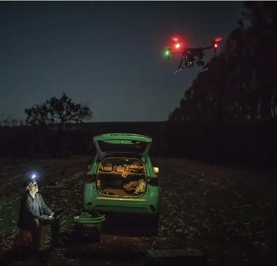  ??  ?? California wildlife rescuer Douglas Thron and environmen­talist Freya Harvey launch a drone outfitted with an infrared camera to spot stranded koalas.