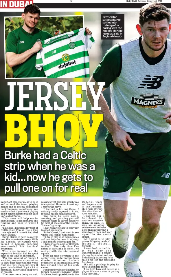  ??  ?? Dressed for success: Burke settles into training after posing with the hooped shirt he loved as a kid in England (inset)