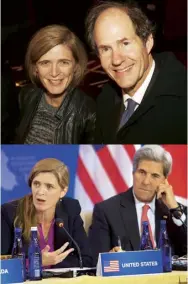  ??  ?? From top With husband Cass Sunstein, a Harvard professor; with John Kerry, July 2016
