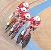  ??  ?? Denmark compete in the final of the men’s team pursuit against Germany on the first day of the UCI Track Cycling Nations Cup in Hong Kong on Thursday