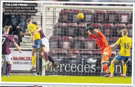  ??  ?? CALLUM FINISH Hendry rises to meet Kennedy’s corner and power a header past Zlamal for the winner