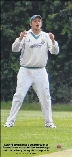  ?? Picture: Paul Amos FM3353803 ?? Ashford Town sense a breakthrou­gh as Rodmersham opener Martin Henry keeps out this delivery during his innings of 14