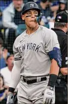  ?? Nam Y. Huh / Associated Press ?? Aaron Judge reacts after striking out swinging in the first inning Saturday. Judge was 1-for-3 at the plate in the loss.