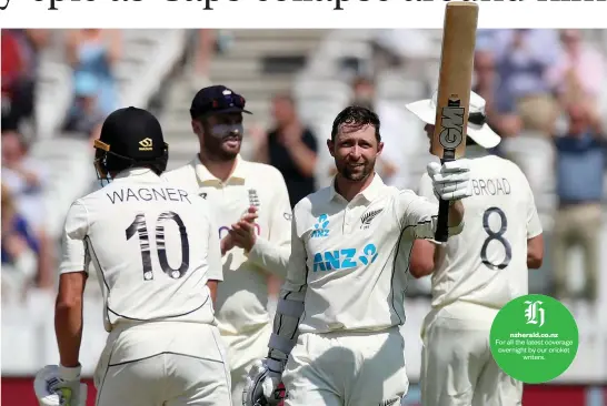  ?? Photo / Photosport ?? Devon Conway acknowledg­es a superb double century at Lord’s yesterday by saluting teammates in the stands and the crowd.