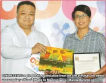  ??  ?? GINI RECEIVES a plaque of appreciati­on from the city of Pasay ‘for being an exemplary citizen’ (Photo by Manny Llanes/Manila Bulletin)