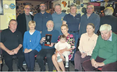  ?? (Pic: John Ahern) ?? Friends of Brian Tatler, who gathered in The Long Bar, Fermoy to celebrate Brian’s 50 year associatio­n with the town, seated, l-r: Noel O’Keefe, Mary Lomasney, Brian Tatler, Noelle O’Keefe and her daughter, Willow, Susan O’Riordan and Matt Bermingham. Back, l-r: Oliver Fraher, Peter Roche, Donie Lyons, Sean Lomasney and Brian Power.