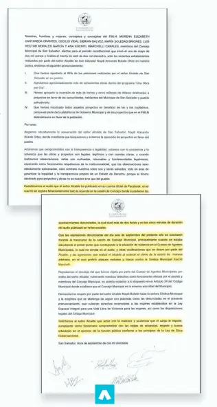  ??  ?? PRONUNCIAM­IENTO. EL DOCUMENTO FUE DIFUNDIDO EN LA CUENTA DE TWITTER DE LA SÍNDICA XOCHITL MARCHELLI CANALES, Y ESTÁ RESPALDADO POR OTROS CUATRO CONCEJALES DEL FMLN.