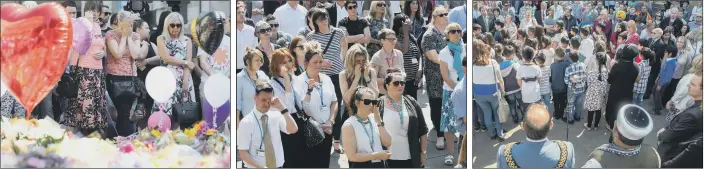  ??  ?? REFLECTION: From left, people pay their respects to the victims of the atrocity with a minute’s silence in St Ann’s Square, Manchester; Victoria Gardens, Leeds, and Centenary Square in Bradford yesterday after more victims were named.