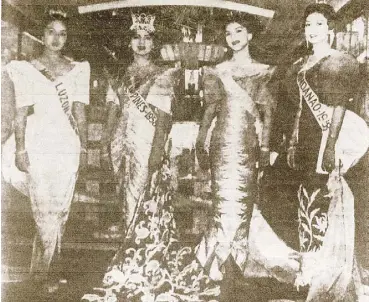  ??  ?? With her court of honor, from left: Belinda Medrano (Miss Luzon), Rosalinda Yulo (Miss Visayas), Estelita Aniban (Miss Mindanao). All their gowns were created by Manila Fashion.