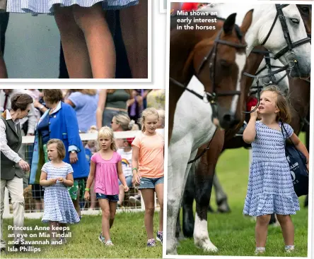  ??  ?? Princess Anne keeps an eye on Mia Tindall and Savannah and Isla Phillips Mia shows an early interest in the horses