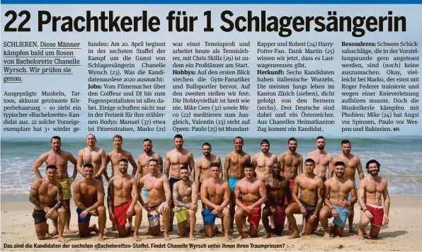  ?? 3+ ?? Das sind die Kandidaten der sechsten «Bacheloret­te»-staffel. Findet Chanelle Wyrsch unter ihnen ihren Traumprinz­en?