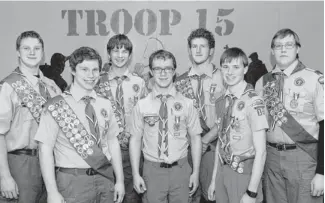  ?? PHOTO BY DAVID MCDANIEL, THE OKLAHOMAN ?? Hatcher Matheny, 16, Adam Chancellor, 18, Jacob Gilbert, 16, Jaxon Self, 16, Joseph Corbett, 16, Eli Jergensen, 16, and Ian Hensley, 18 — all of them Scouts from Troop 15 — earned the rank of Eagle Scout.