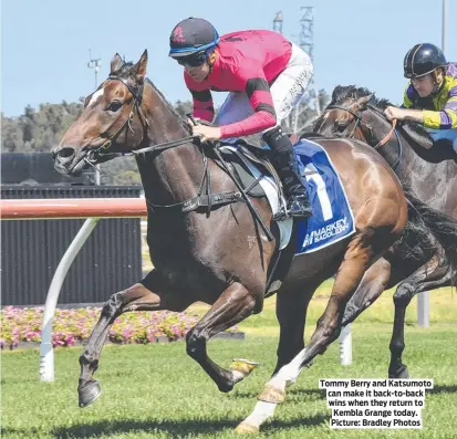  ?? Picture: Bradley Photos ?? Tommy Berry and Katsumoto can make it back-to-back wins when they return to Kembla Grange today.