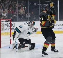  ?? CHRISTIAN PETERSEN — GETTY IMAGES ?? Sharks goaltender Aaron Dell allowed six goals to Vegas on Saturday, including this first-period goal by William Karlsson.