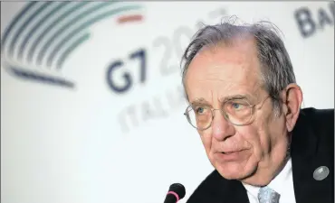  ?? PHOTO: REUTERS ?? Italy’s Finance Minister Pier Carlo Padoan attends a news conference during a G7 meeting for financial leaders, in the southern Italian city of Bari, Italy, on Saturday. Padoan stressed the need of common action in the wake of the recent cyber attacks.