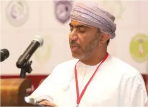  ?? – Photo - ISMAIL AL FARSI/Times of Oman ?? POSITIVE APPROACH: Oman Football Associatio­n’s new chairman Sheikh Salim Al Wahaibi speaks during the OFA General Assembly at Hormuz Grand Hotel on Thursday.