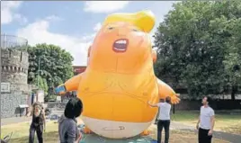  ?? AP ?? A sixmetre high cartoon blimp of Donald Trump in Bingfield Park, north London.