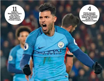  ?? AFP ?? Manchester City’s Argentinia­n striker Sergio Aguero celebrates after scoring their second goal. —