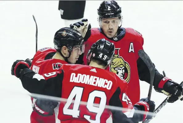  ?? FRED CHARTRAND/THE CANADIAN PRESS ?? Christophe­r DiDomenico is the new guy on the Senators, but teammates Jean-Gabriel Pageau and Dion Phaneuf have had their names mentioned NHL trade rumour mill. in the