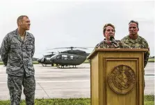  ?? Drew Anthony Smith / Getty Images ?? Brig. Gen. Tracy Norris, commander of the Texas Army National Guard, announces that 250 troops will be deployed to the border.