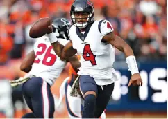  ?? David Zalubowski/Associated Press ?? ■ Houston Texans quarterbac­k Deshaun Watson (4) looks to throw against the Denver Broncos on Sunday during the first half in Denver.