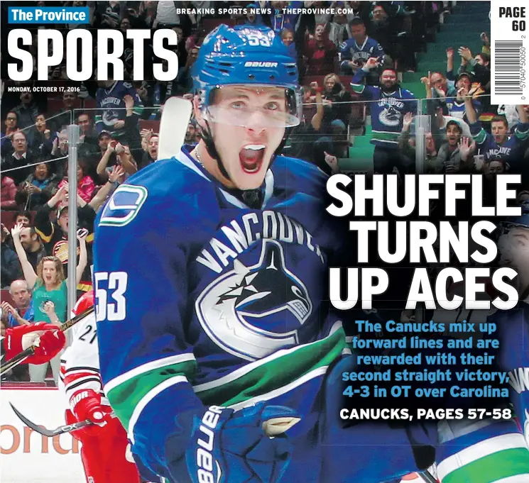  ?? — GETTY IMAGES ?? Bo Horvat celebrates after scoring Sunday. After starting the Canucks season on the fourth line, he was back with Sven Baertschi and Jake Virtanen.