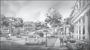  ?? Special to the Democrat-Gazette ?? A ground-level view of Johnson Square, shown in this artist rendering, is under constructi­on in the Northwest Arkansas town.