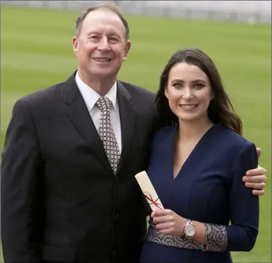  ??  ?? Caroline Siggins who is the recipient of the Liam Donnelly Medal of Excellence, awarded by the Institute of Certified Public Accountant­s in Ireland (CPA Ireland) is pictured with her father Eamonn.