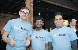  ?? For the Calgary Herald ?? From left, LoginRadiu­s’ Christophe­r Fletcher, business developmen­t manager, and co-founders, Deepak Gupta and Rakesh Soni. More than 100,000 websites are using the company to reach more than 15 million users each month.