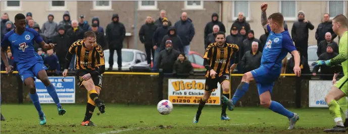  ??  ?? Substitute Mark Shankland fires home the third goal of the day for Auchinleck Talbot after initially being rested ahead of their Scottish Cup game against Ayr United